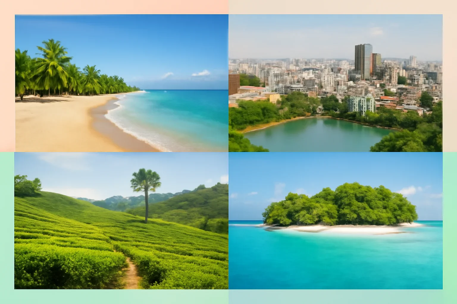 Collage of Bangladesh beach, city, tea garden and island destinations in a clean travel layout