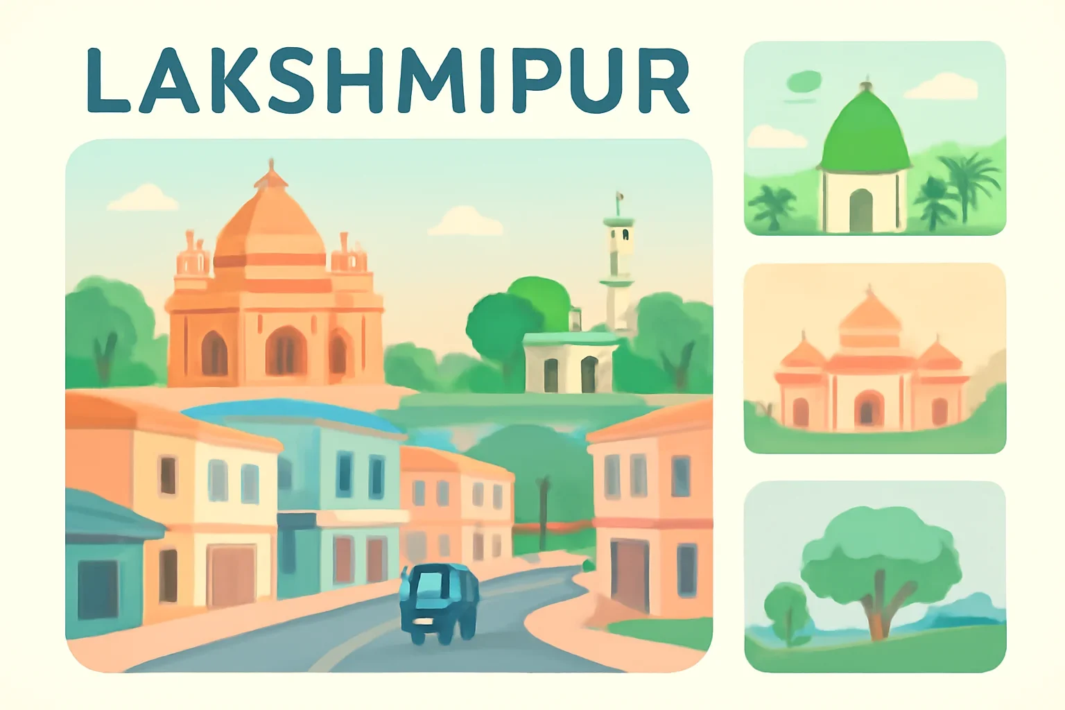 Lakshmipur city guide page with local streets, civic landmarks and clean editorial cards