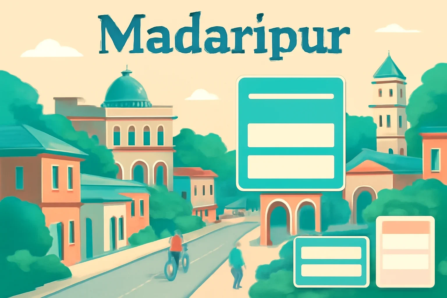Madaripur city guide page with local streets, civic landmarks and clean editorial cards