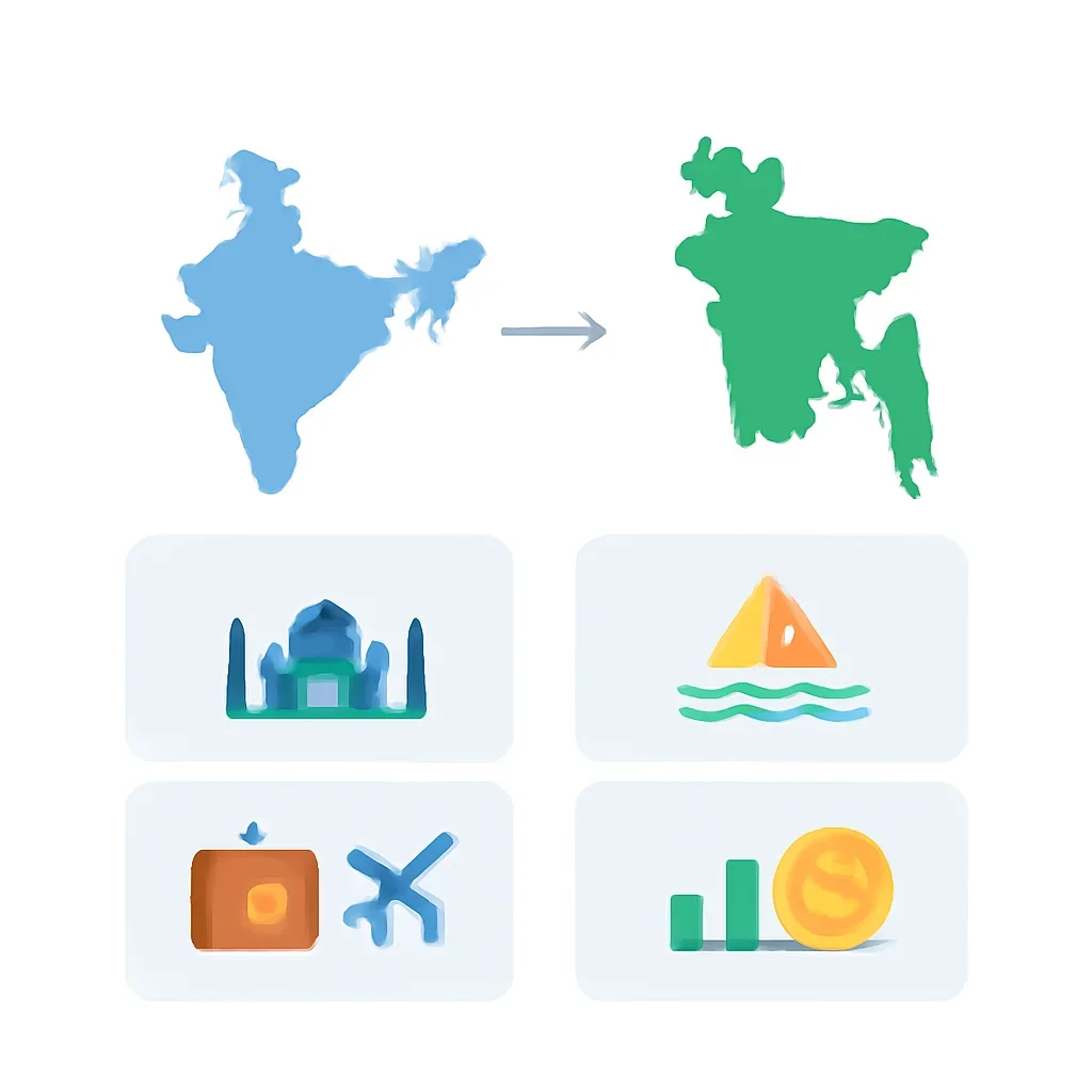 Minimal comparison interface linking India, Bangladesh, travel and economy pages