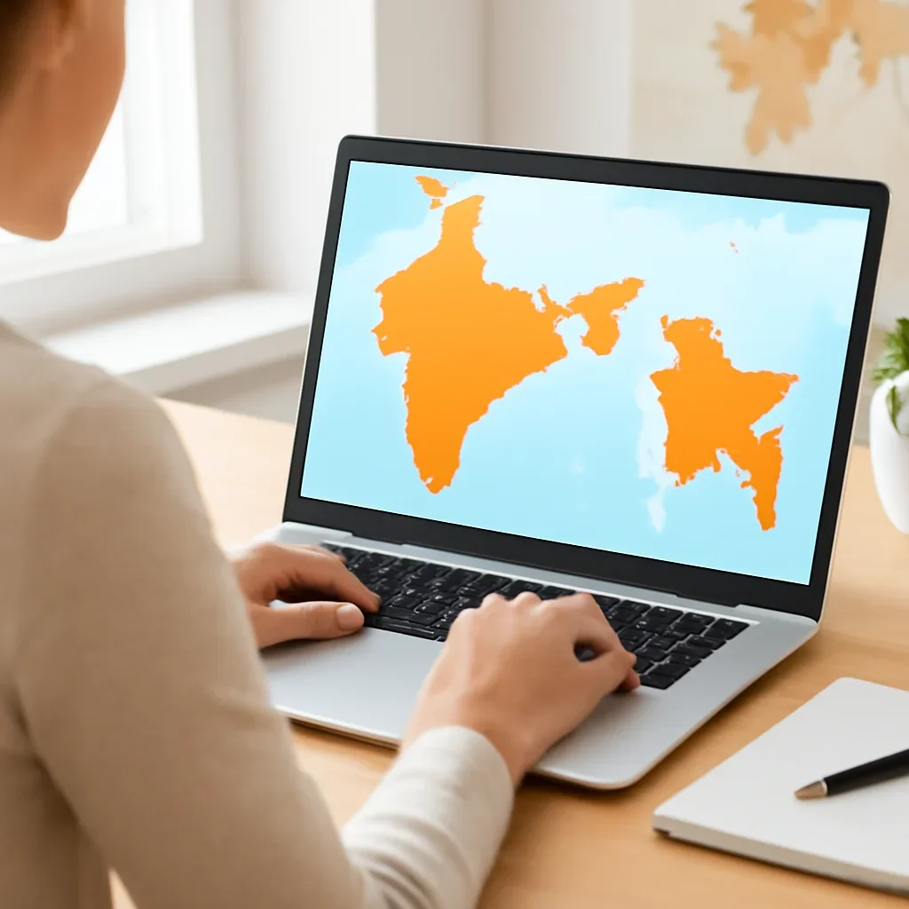 Reader comparing India and Bangladesh on a laptop with world map and notebook