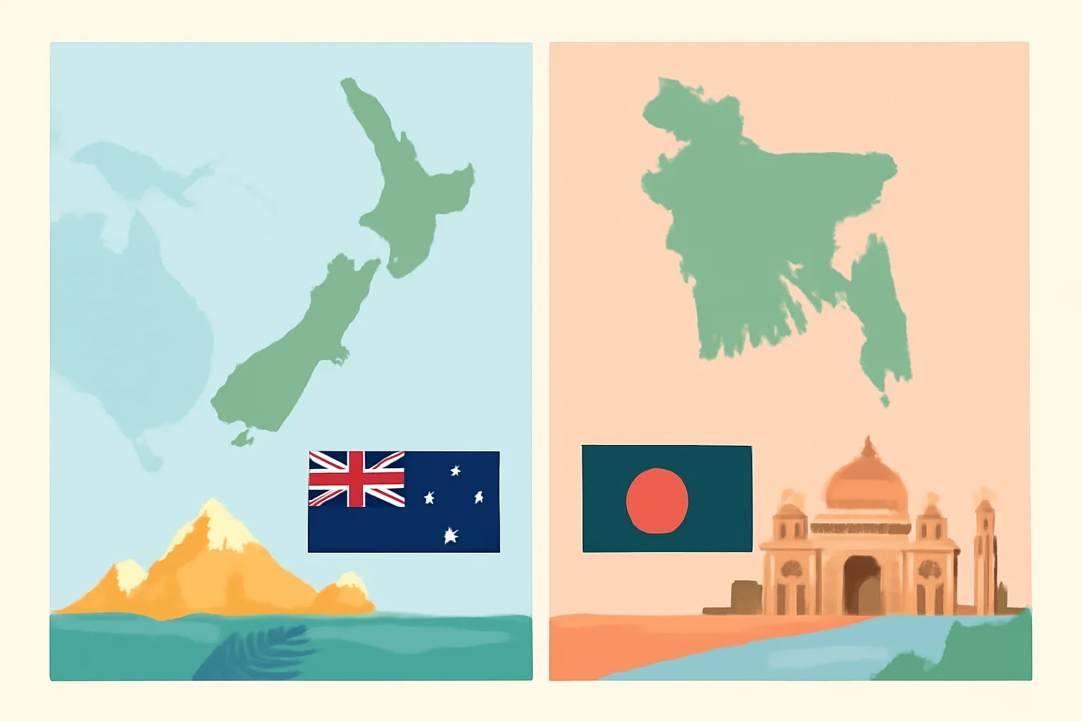 New Zealand and Bangladesh comparison page with country cards and clean split-layout visuals