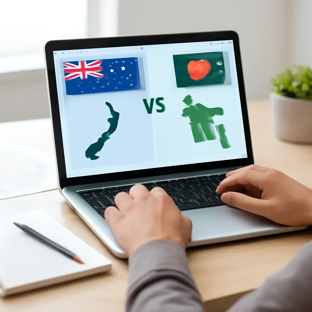 Reader comparing New Zealand and Bangladesh on a laptop with world map and notebook