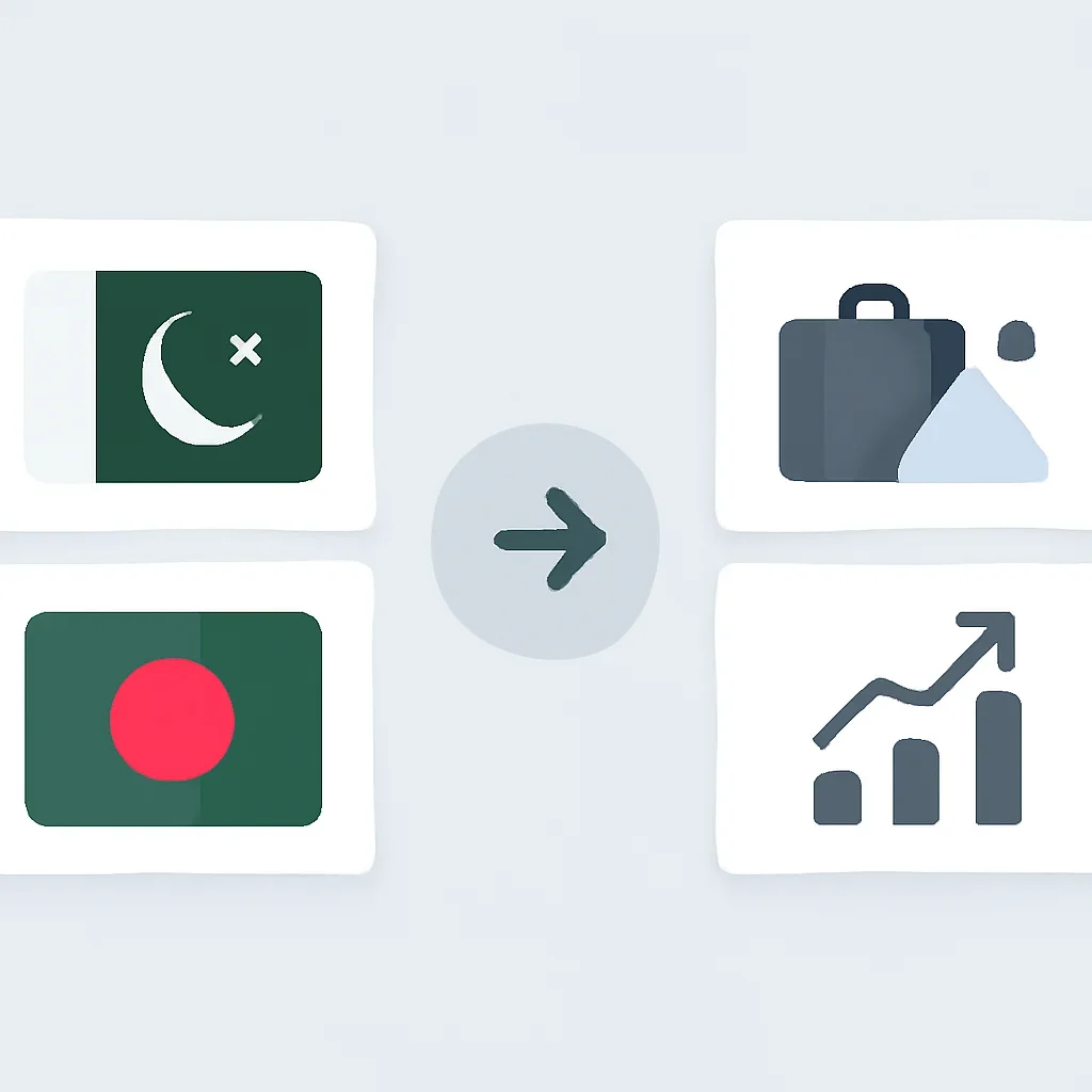 Minimal comparison interface linking Pakistan, Bangladesh, travel and economy pages