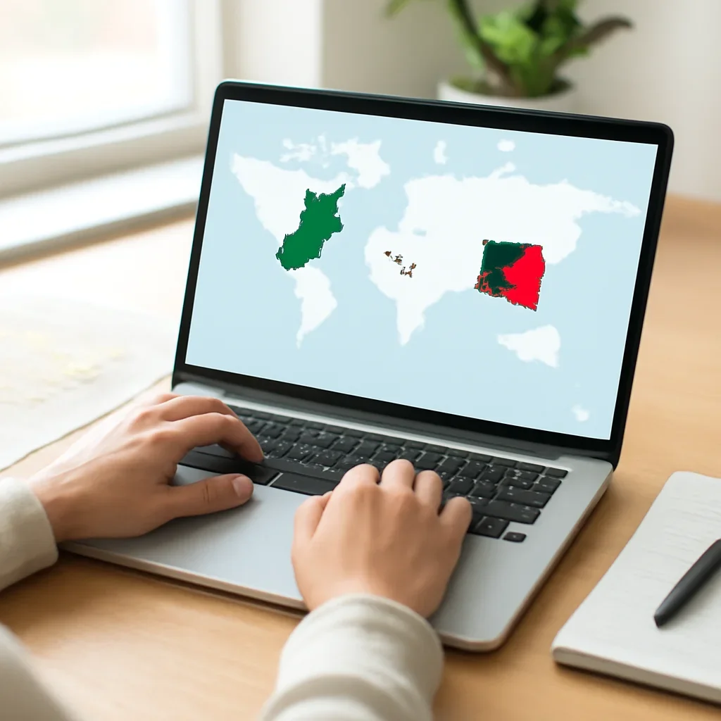 Reader comparing Pakistan and Bangladesh on a laptop with world map and notebook