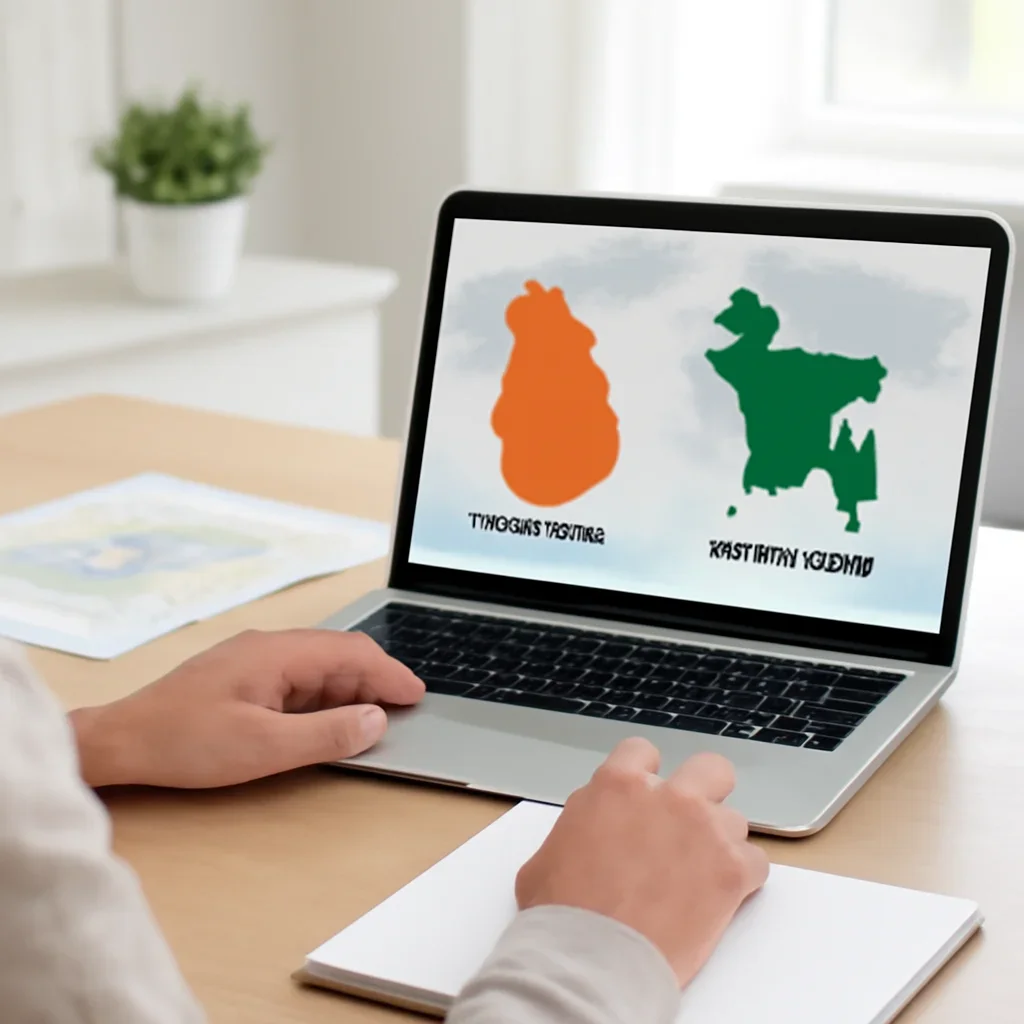 Reader comparing Sri Lanka and Bangladesh on a laptop with world map and notebook