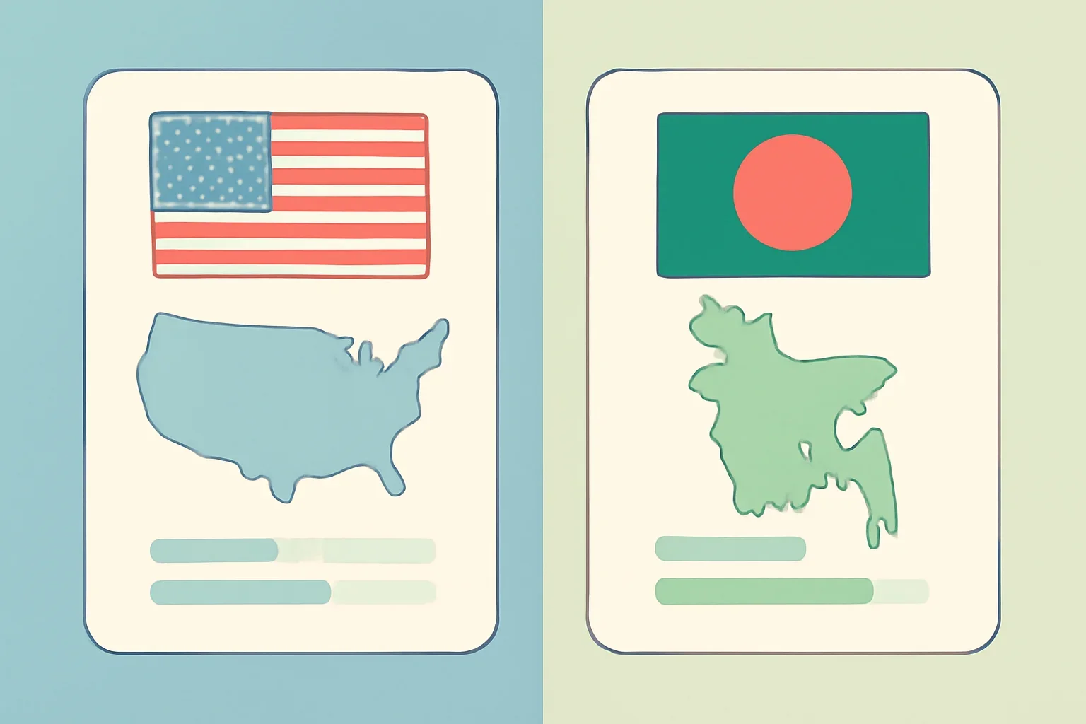 United States and Bangladesh comparison page with country cards and clean split-layout visuals