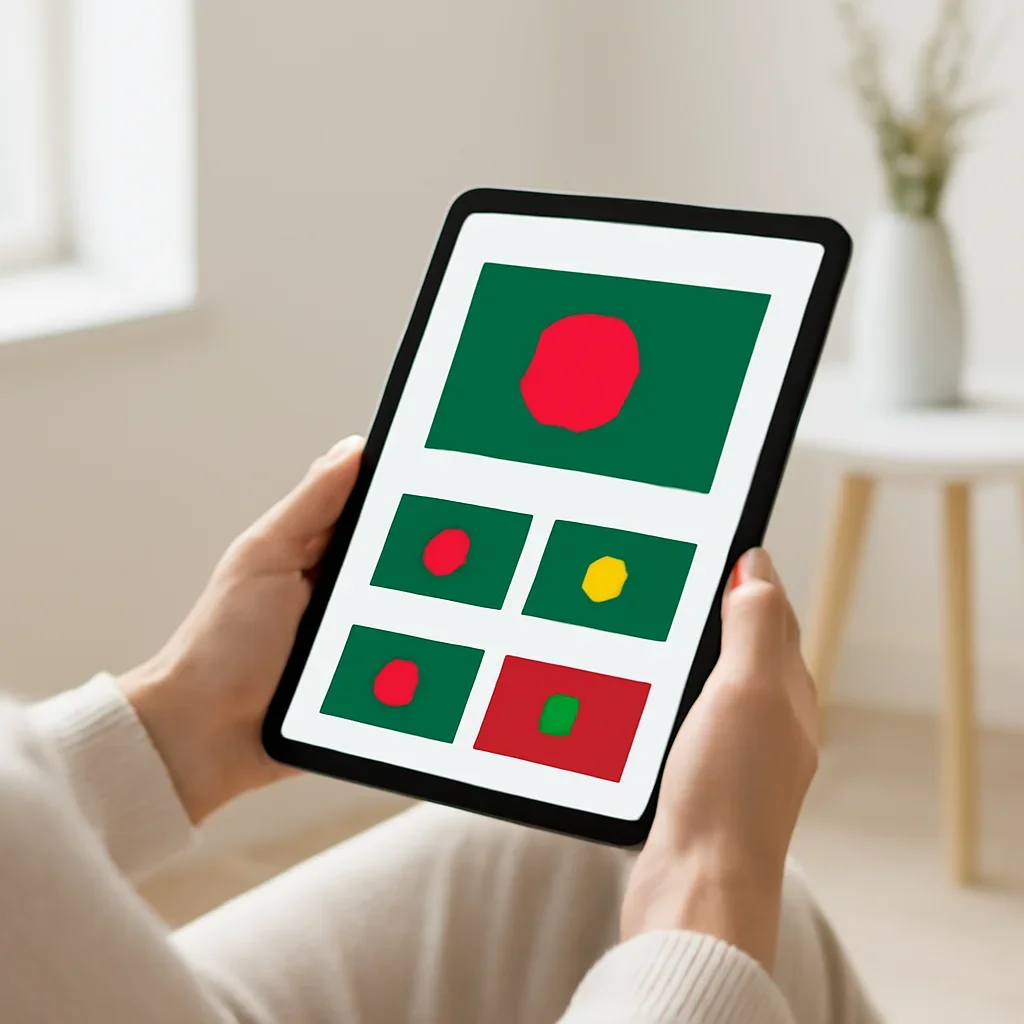 Reader viewing Bangladesh flag history article on tablet