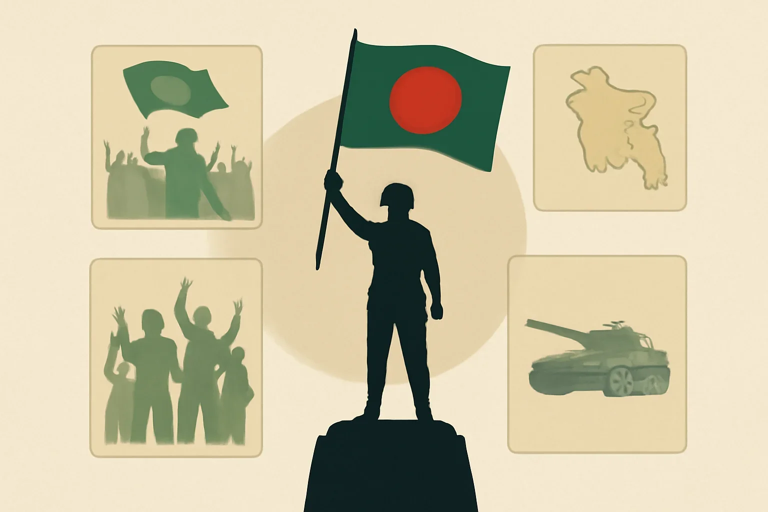 Liberation War memorial imagery with Bangladesh history cards in a respectful editorial layout