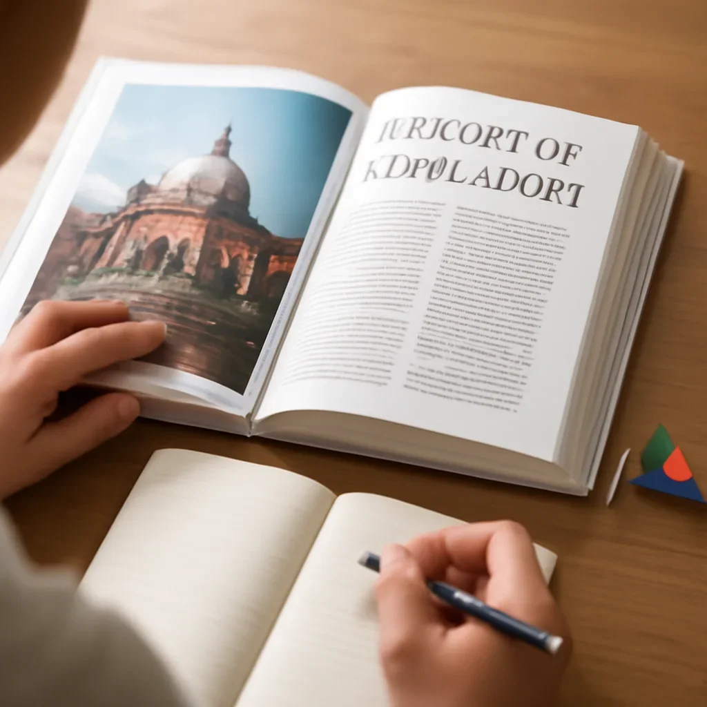 Reader studying Bangladesh history pages with notebook and flag pin nearby