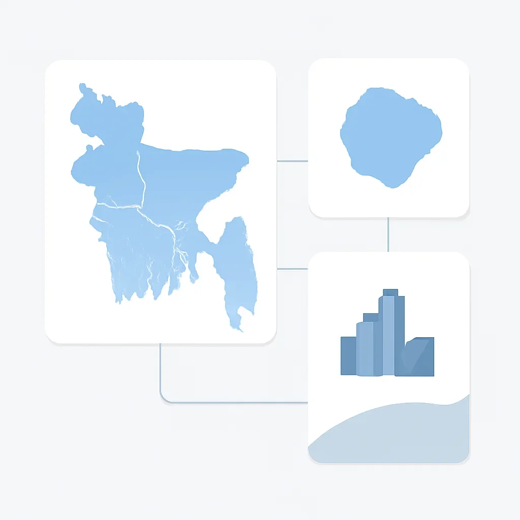 Minimal geography interface linking map, area and city pages