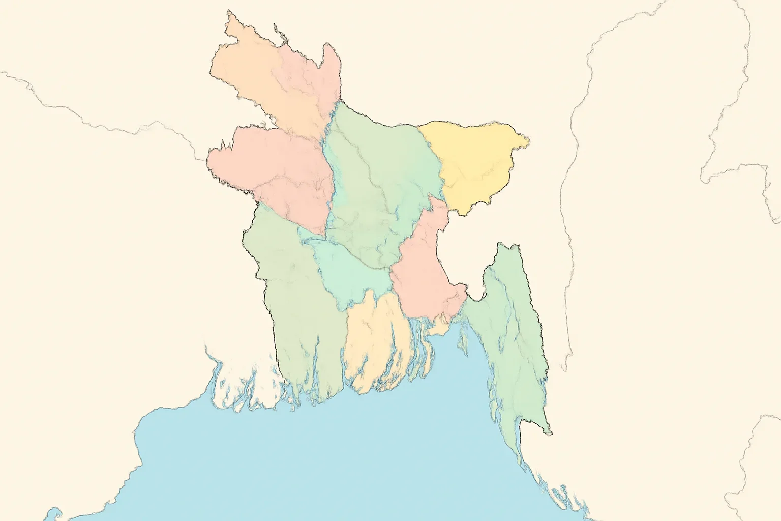 Bangladesh map with divisions, rivers and bordering countries in a clean editorial layout