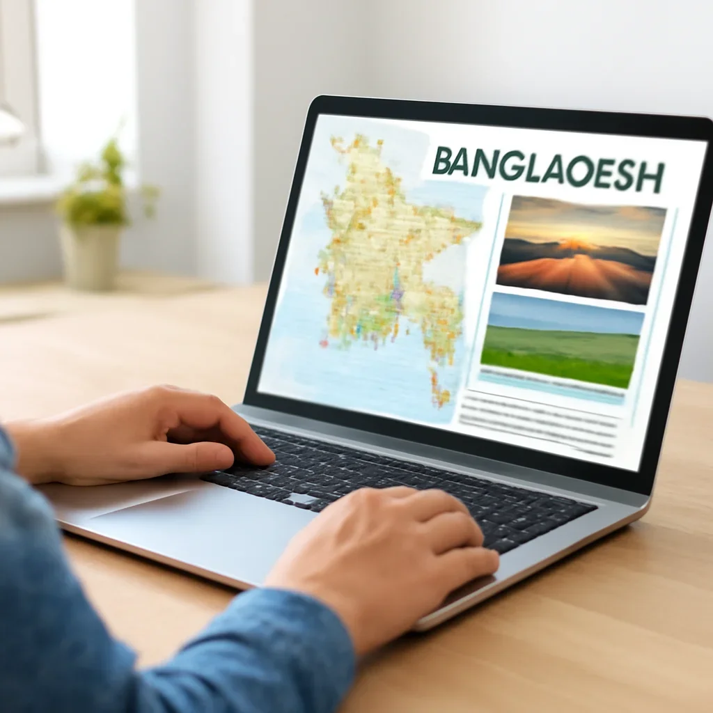 Reader checking Bangladesh map and travel pages on a laptop