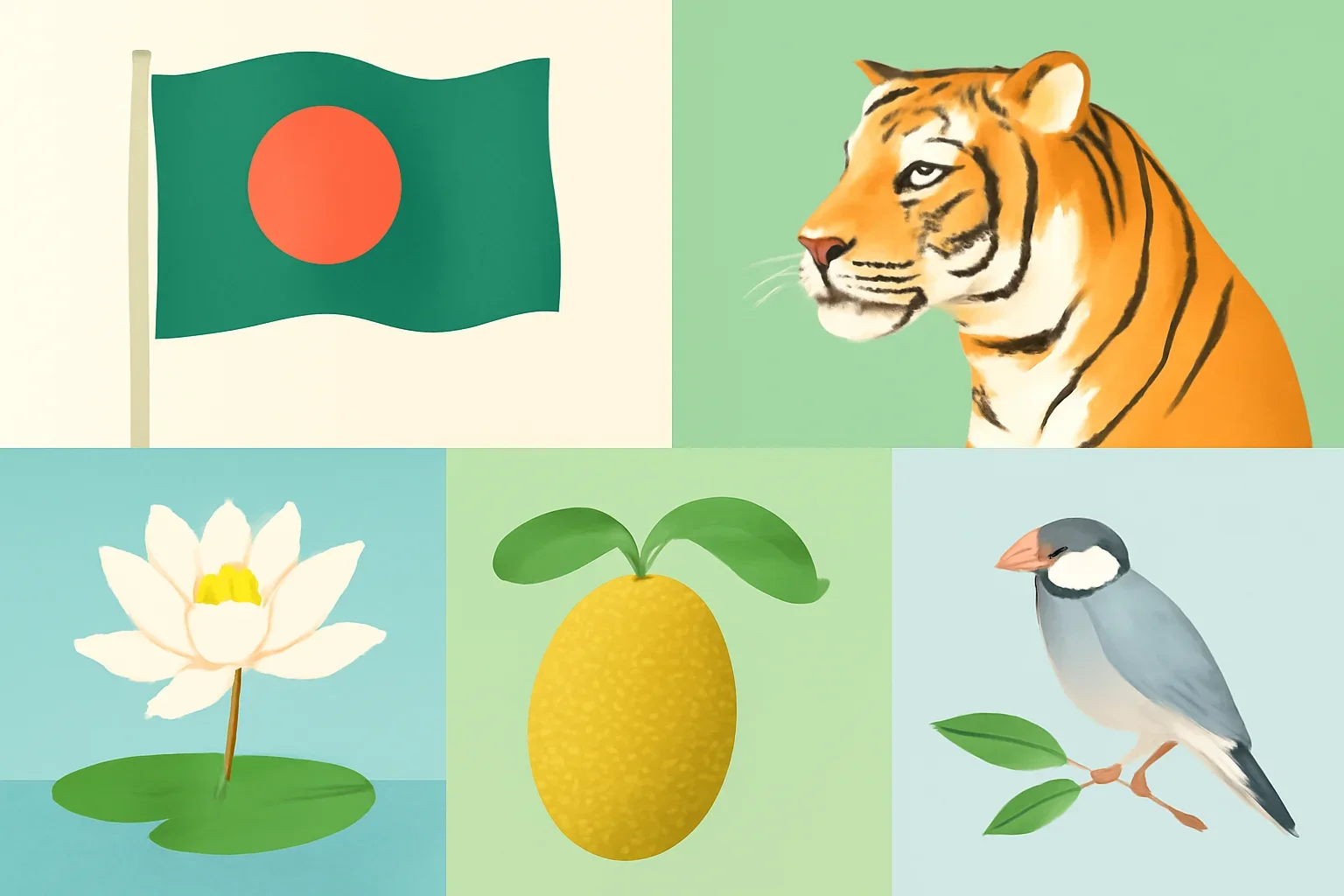 Collage of Bangladesh national symbols in a clean editorial reference layout