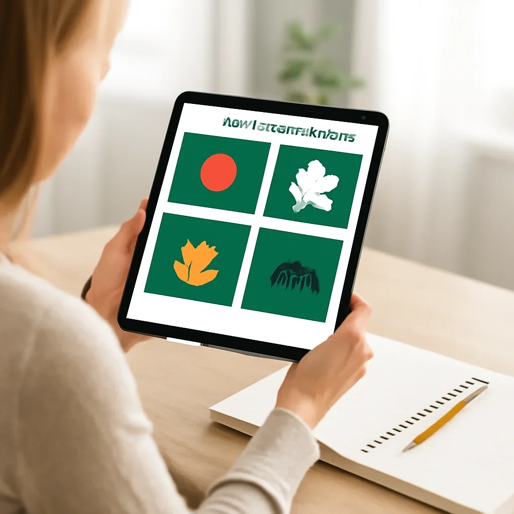 Reader viewing Bangladesh symbols guide on tablet with notes beside it