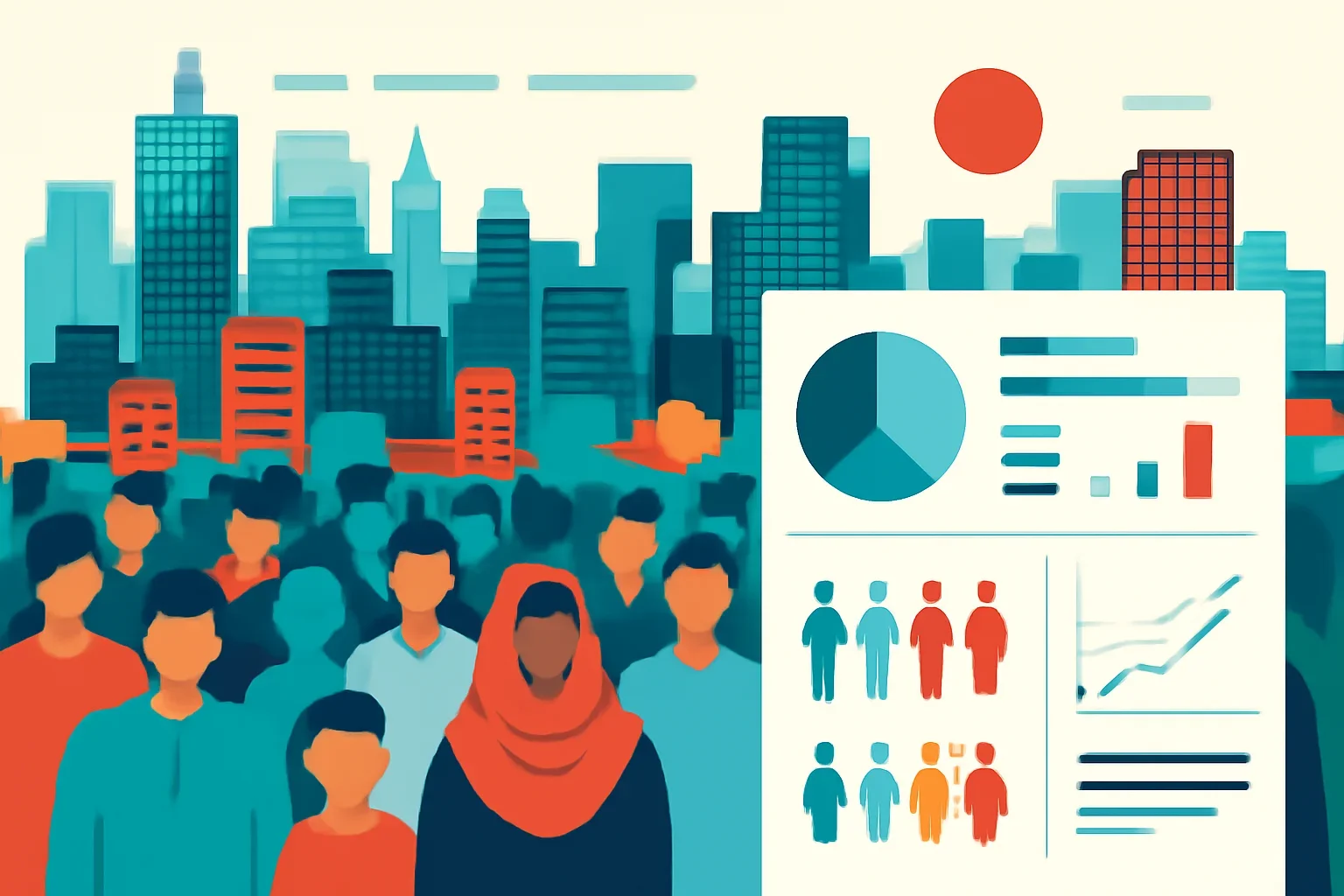 Bangladesh population page with dense city skyline and demographic reference cards