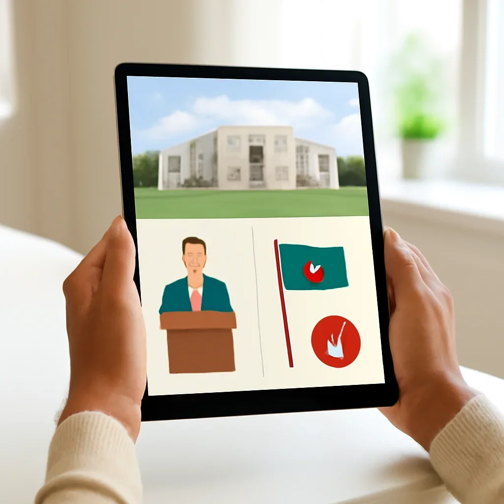 Reader viewing Bangladesh government and politics pages on tablet
