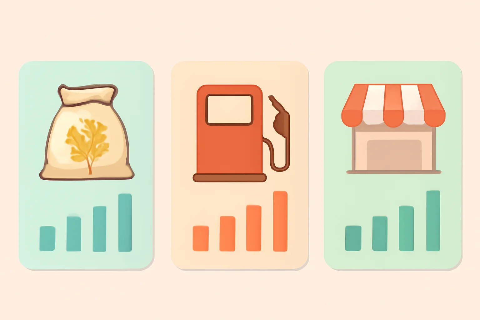Commodity price page with food, fuel and market cards in clean Bangladesh economy layout