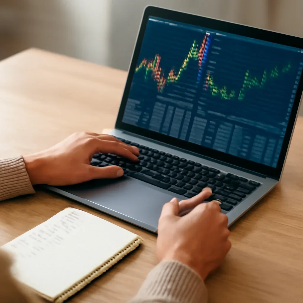 Reader comparing market price notes and economy pages on laptop