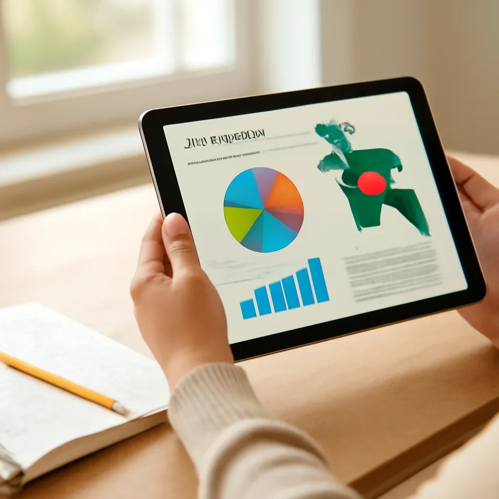 Reader studying Bangladesh economy overview on tablet with notes nearby