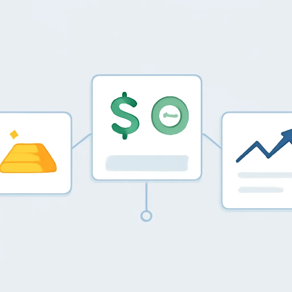 Minimal finance interface linking gold, dollar pair and economy pages