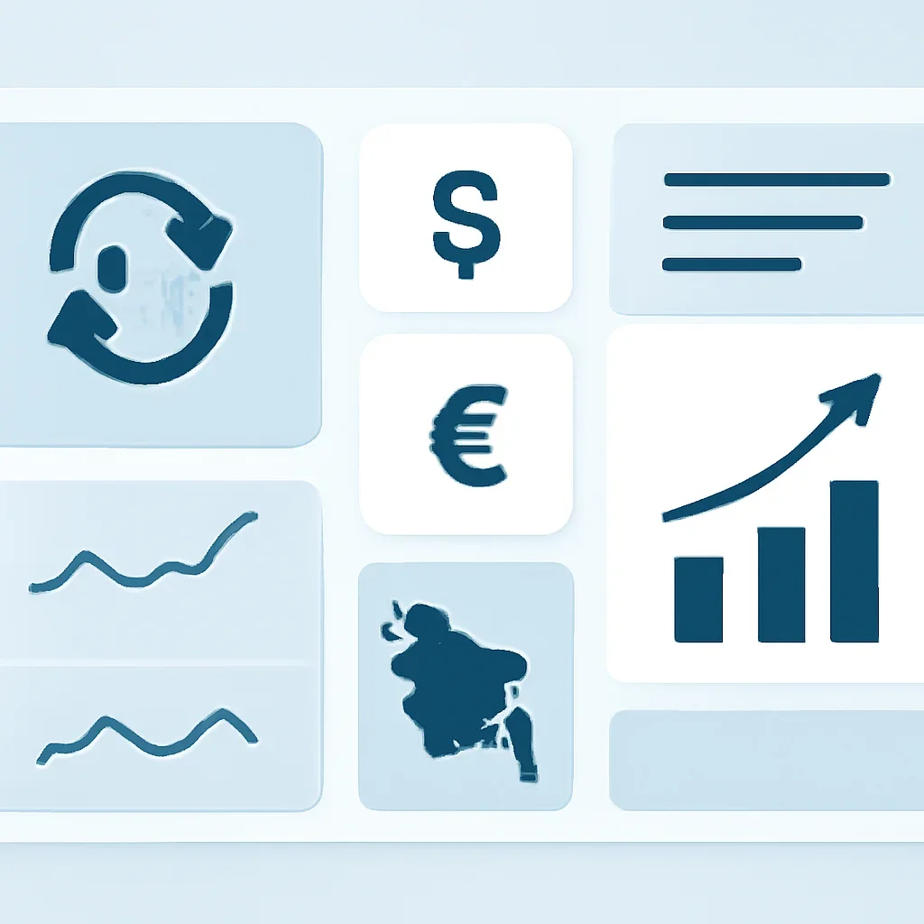 Editorial economy dashboard with currency cards and market headlines