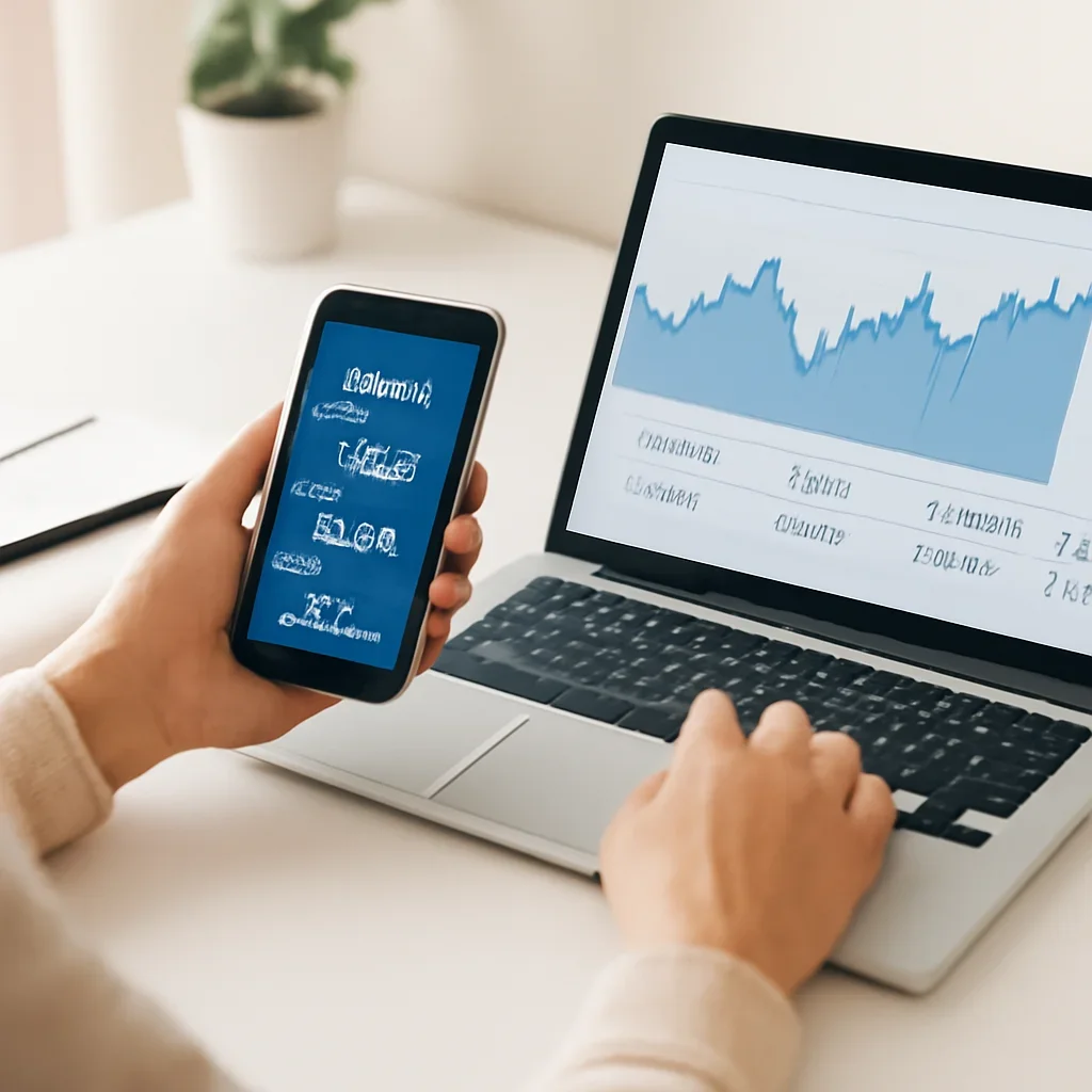 Reader comparing exchange information on phone and laptop with notes beside them