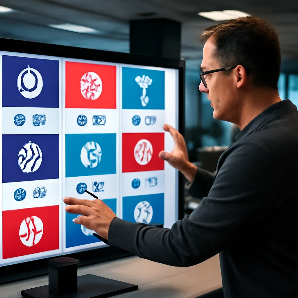 Sports editor arranging upcoming match cards and tournament notes on screen