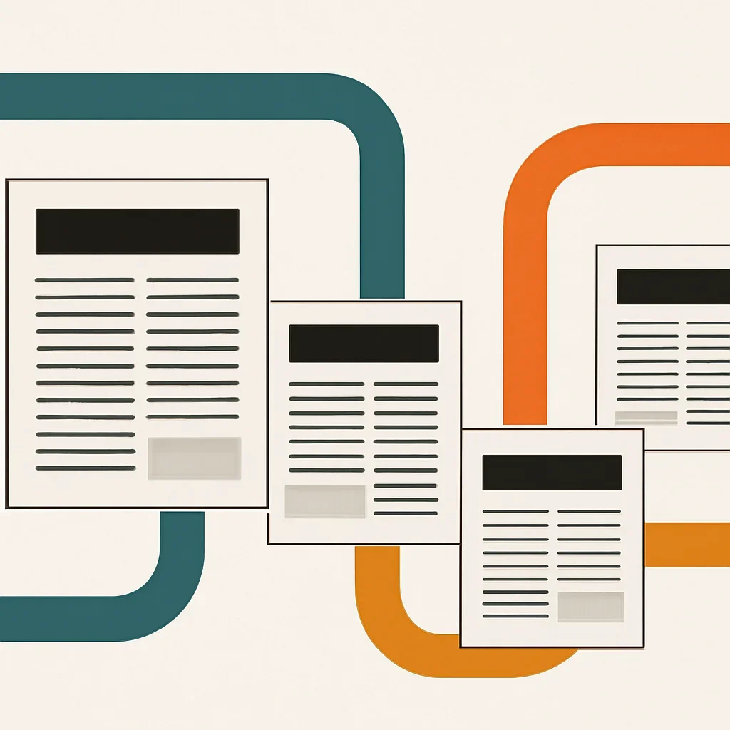 Minimal editorial layout featuring newspaper directory cards and reading paths