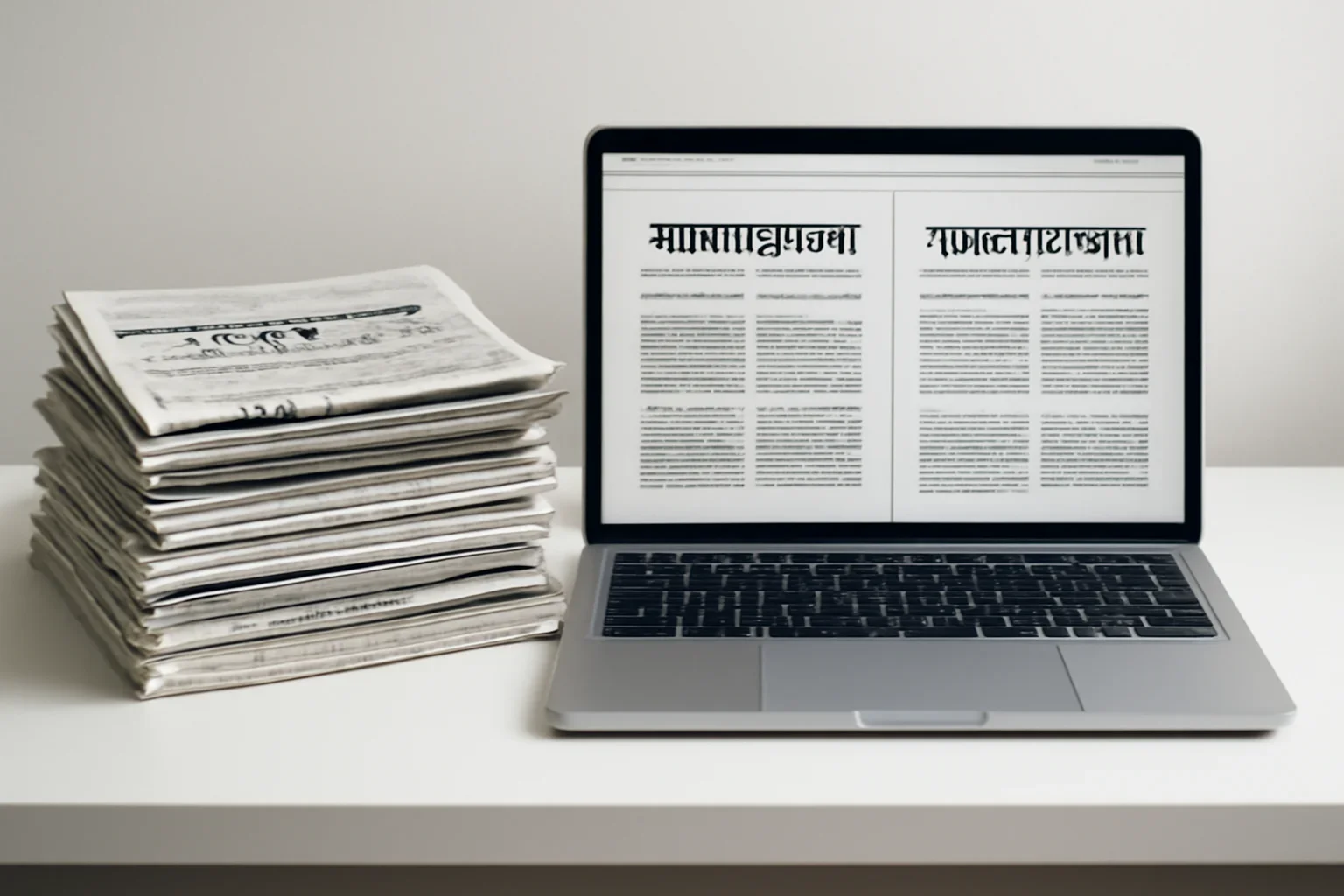 Stack of Bengali and English newspapers beside a laptop showing Bangladesh headline comparisons