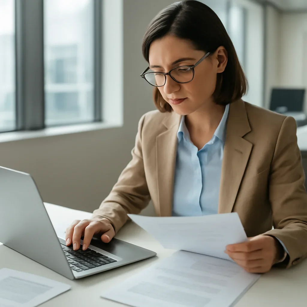 Journalist reviewing political notes, speeches and policy documents at a clean desk