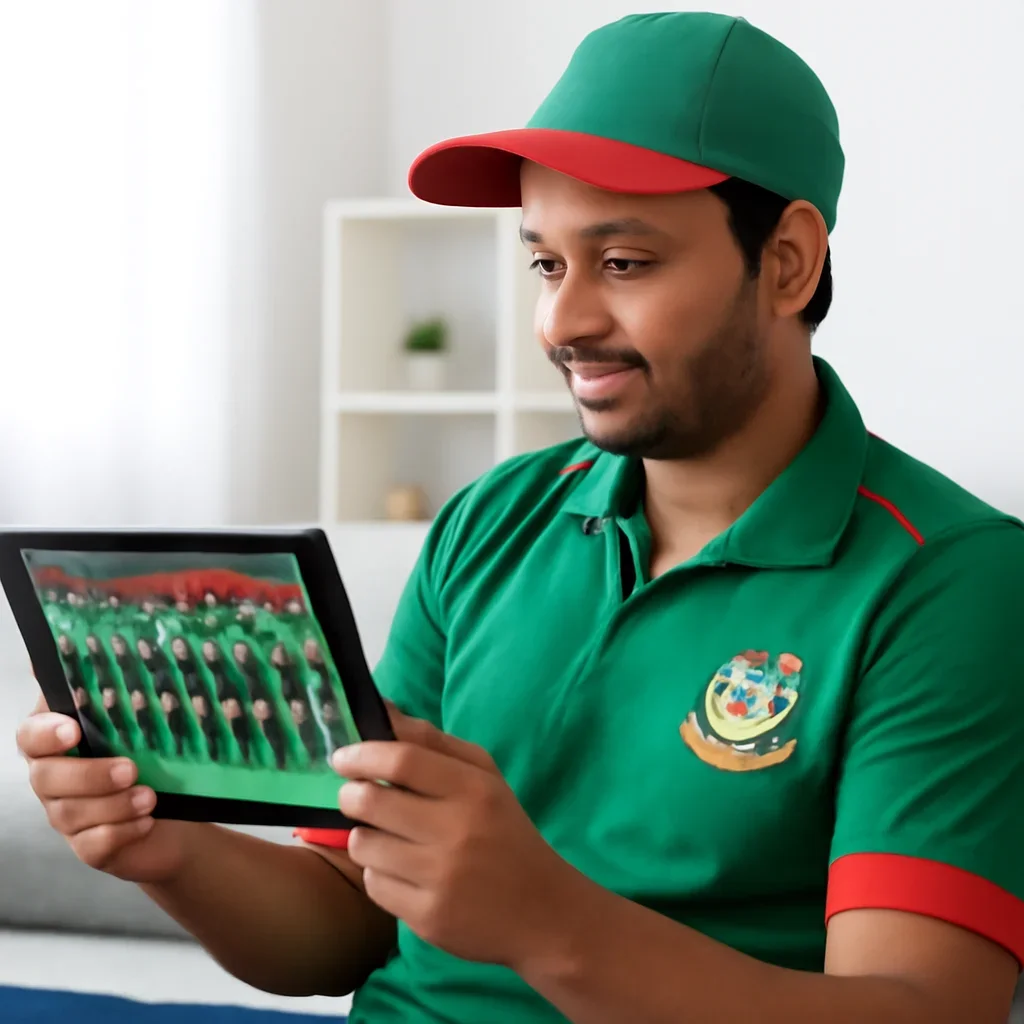 Cricket supporter reading Bangladesh squad analysis on a tablet