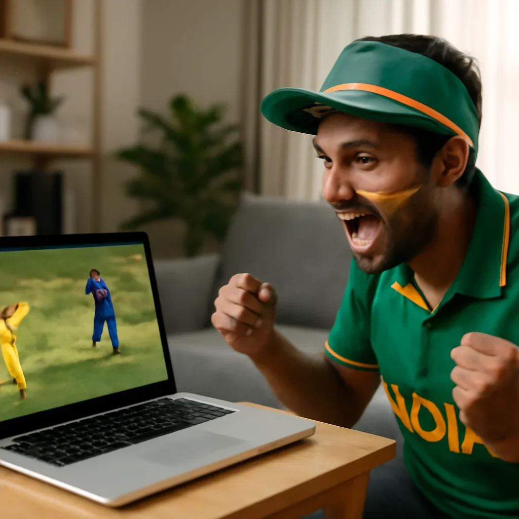 Cricket fan following a domestic T20 tournament on laptop