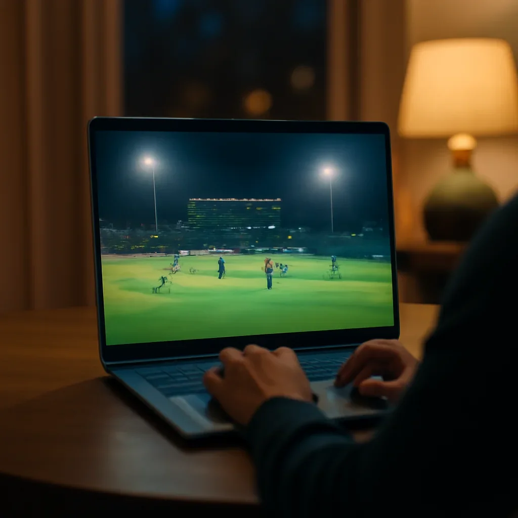 Viewer checking a live cricket scoreboard on a laptop during an evening match