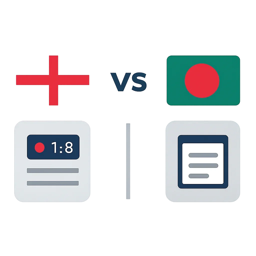 Minimal rivalry graphic linking live score, fixtures and scorecards for England vs Bangladesh