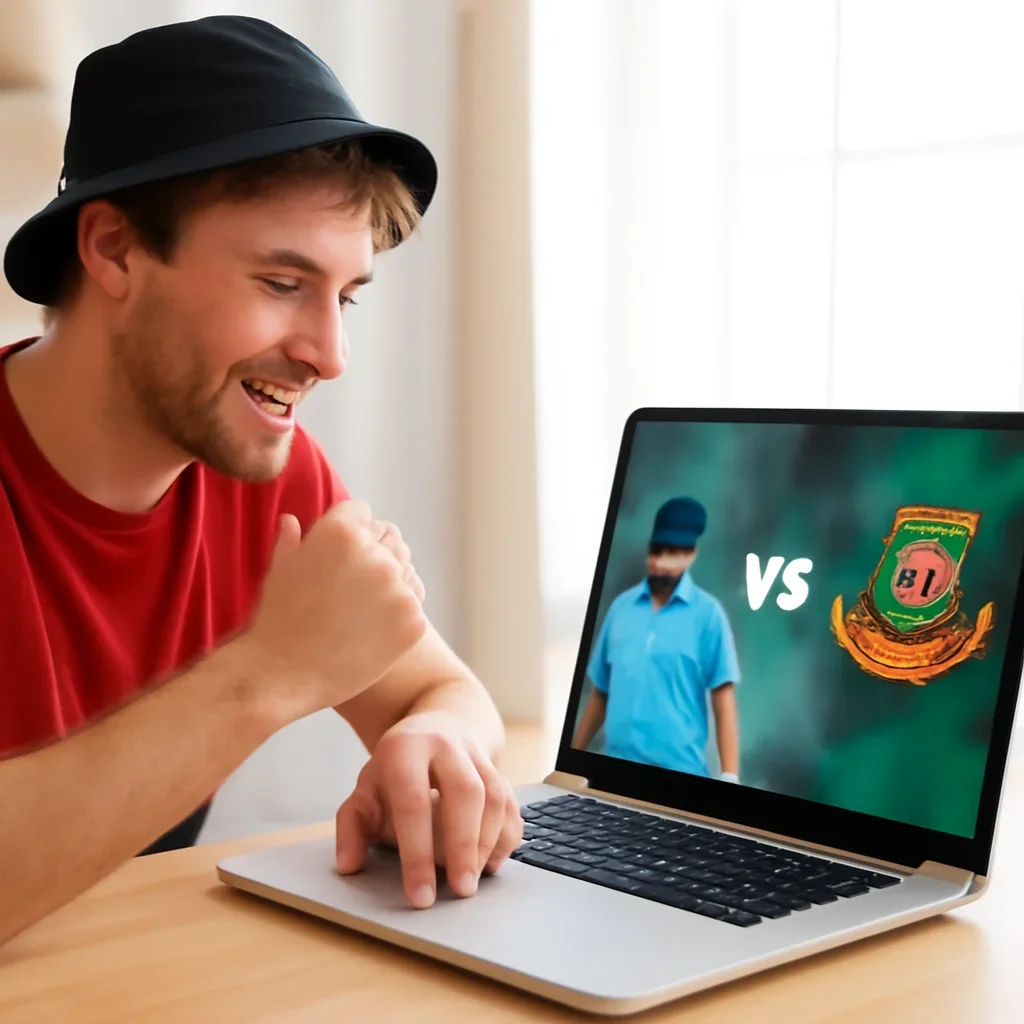Cricket fan checking England vs Bangladesh rivalry context on a laptop