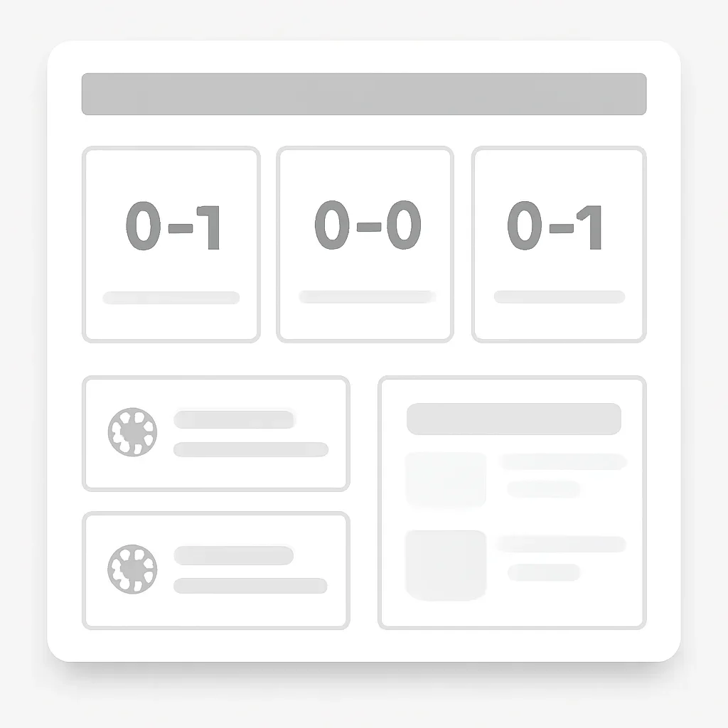 Minimal sports archive layout with linked scorecards and fixture cards