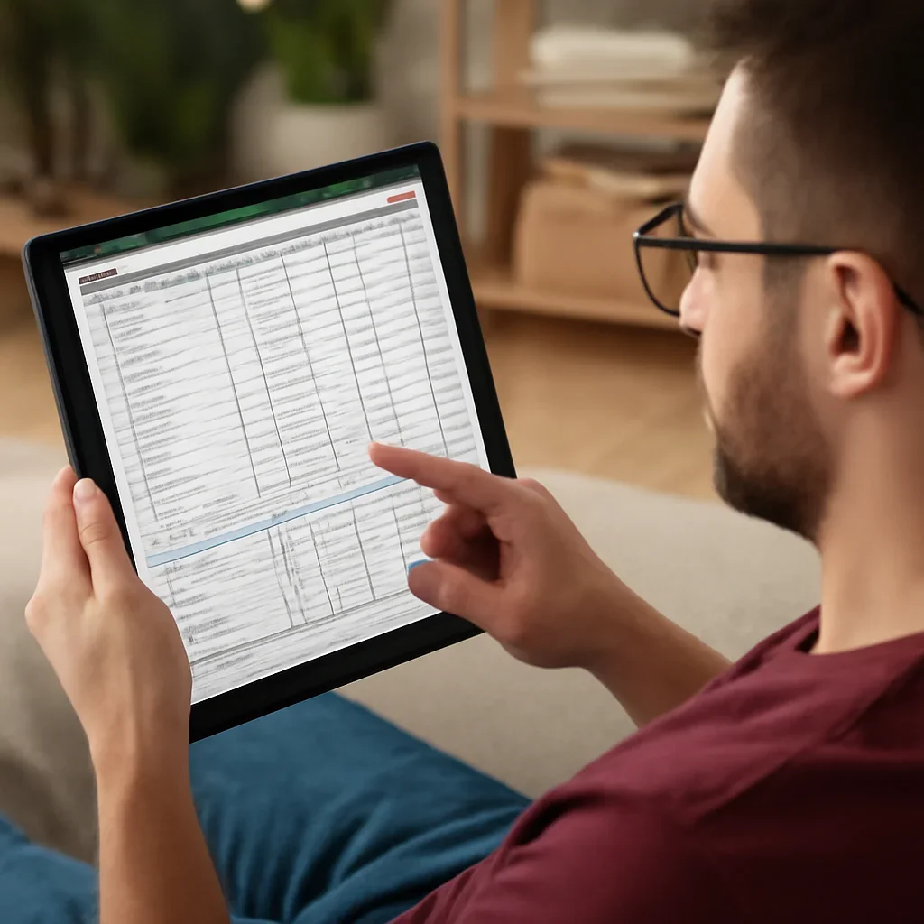 Fan reviewing a completed cricket scorecard on tablet after the match