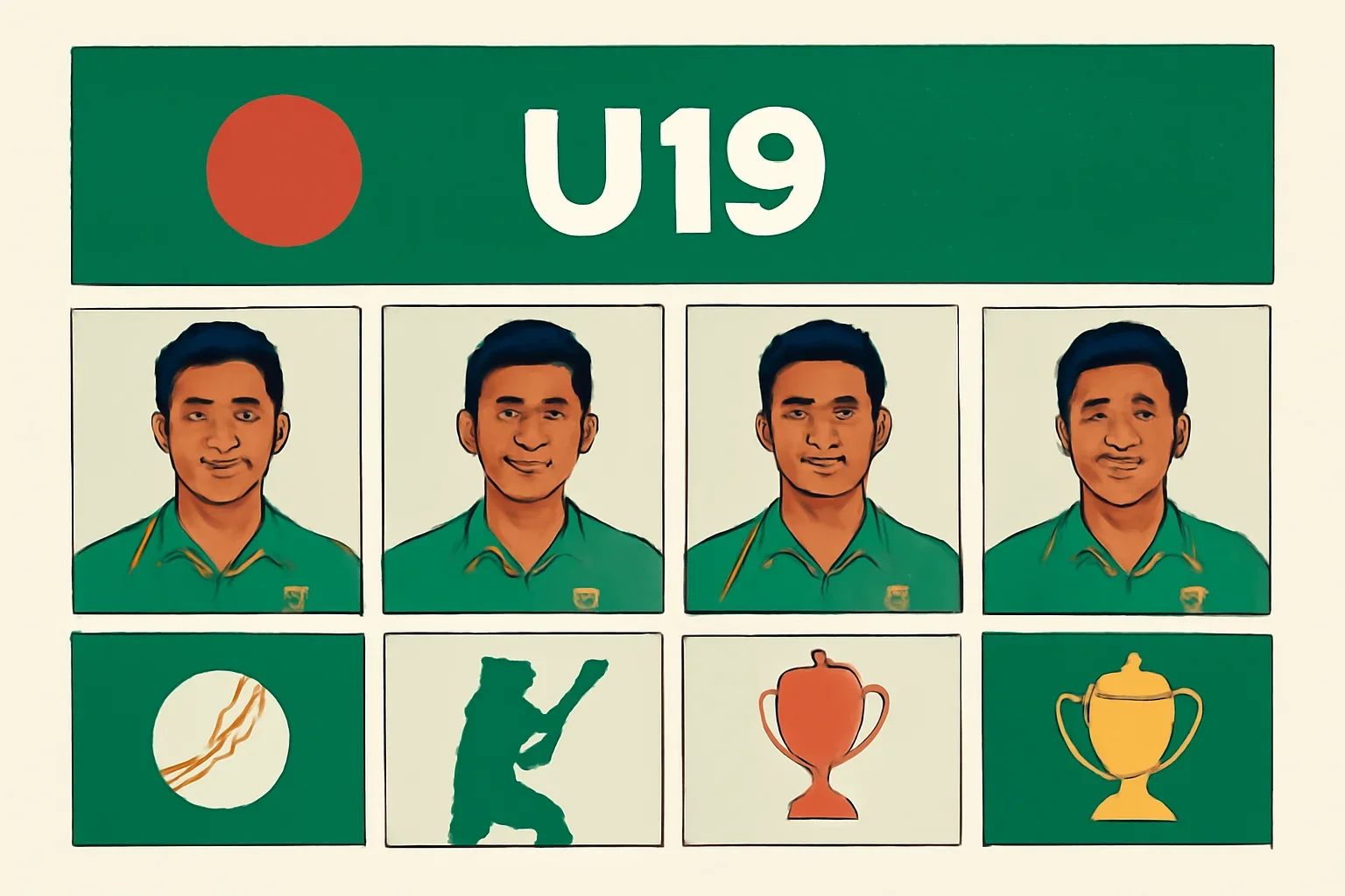 Bangladesh U19 cricket page with young player profiles and youth tournament cards
