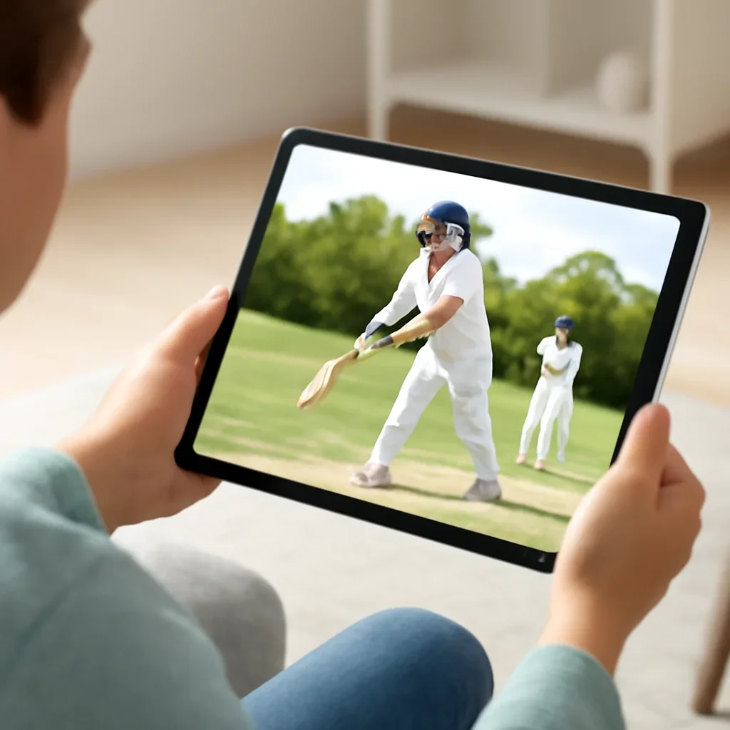 Reader tracking youth cricket prospects on tablet with bright minimal interface