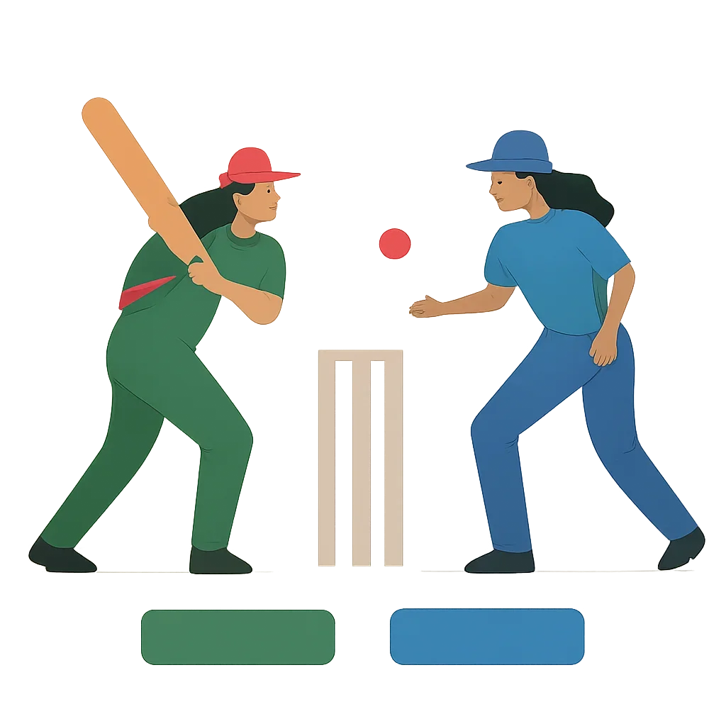Minimal women’s cricket match graphic with team and story links
