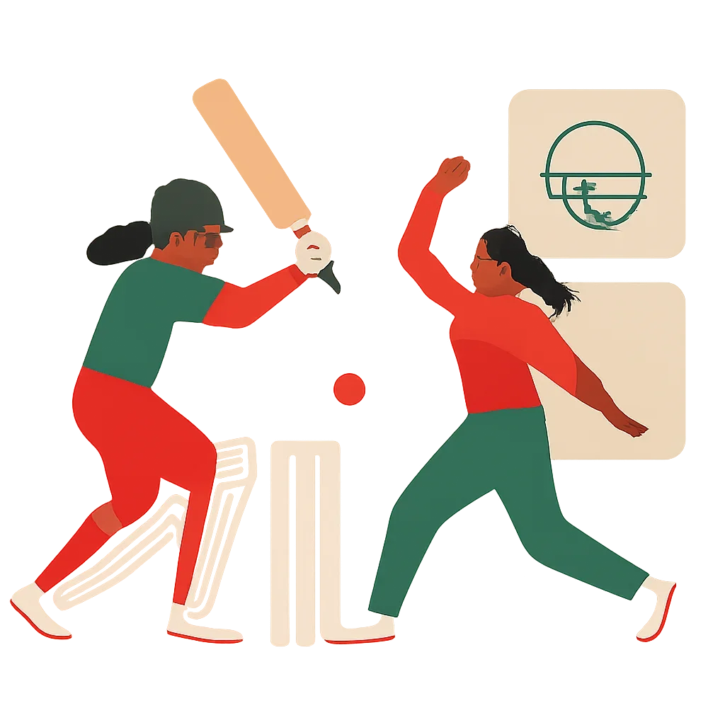 Minimal women’s cricket match graphic with team and story links