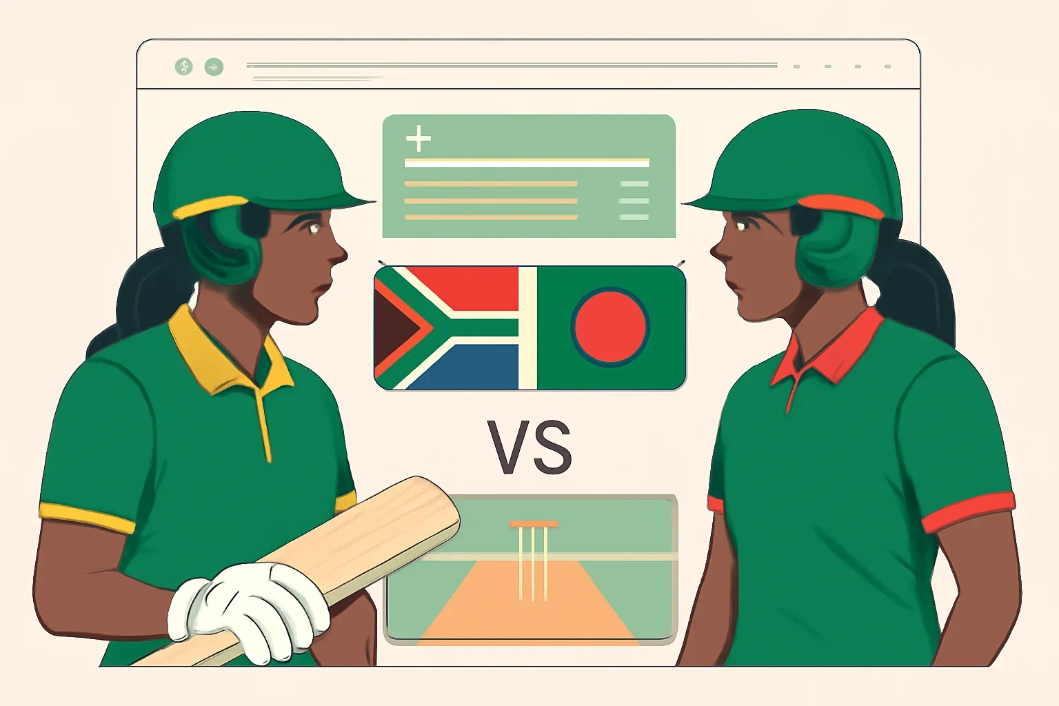 South Africa Women vs Bangladesh Women page with rivalry cards and clean cricket interface