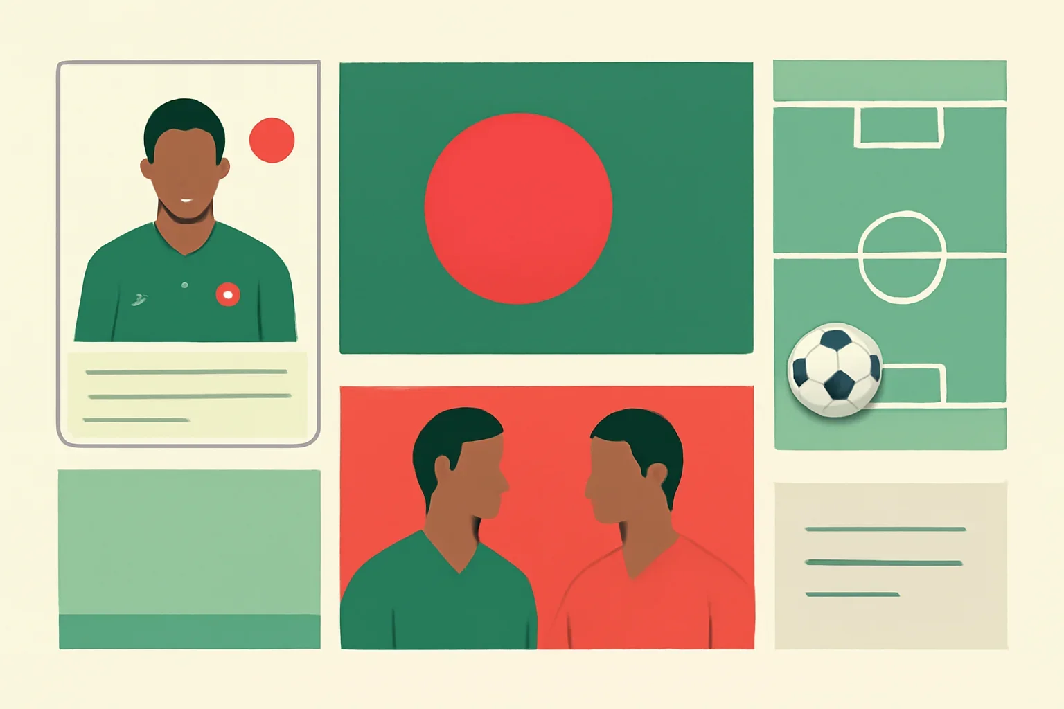 Bangladesh football hub with national team card, rivalry tile and clean sports layout