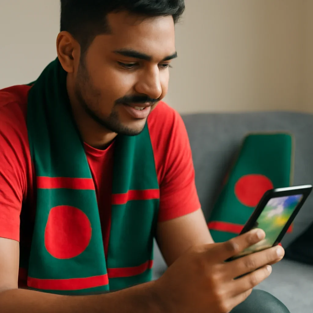 Supporter following Bangladesh football coverage on phone beside a scarf