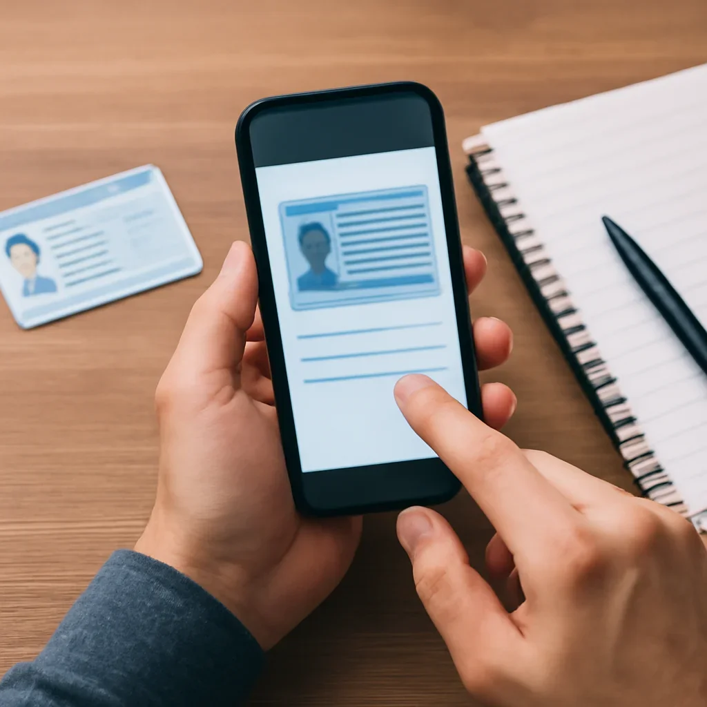 User checking licence details on phone beside a driving card and notebook