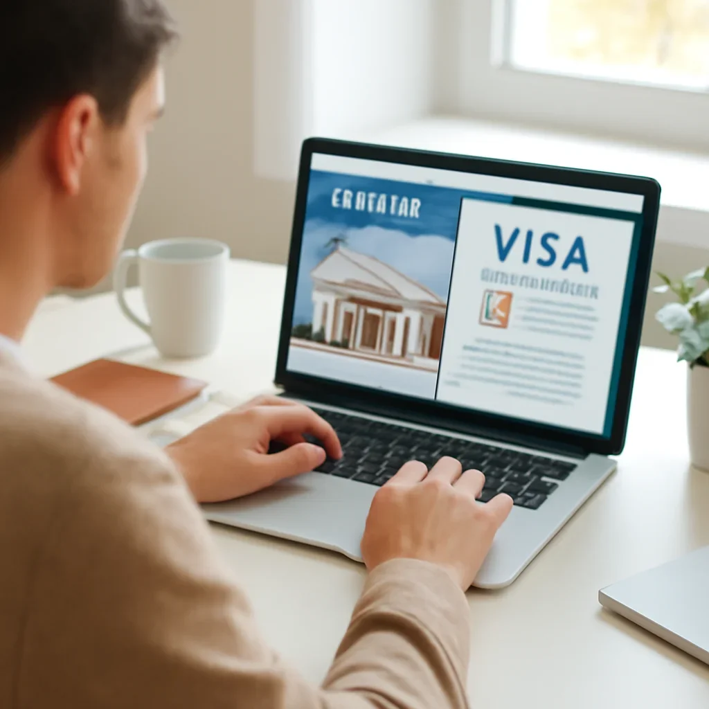 Traveller reviewing embassy and visa notes on a laptop