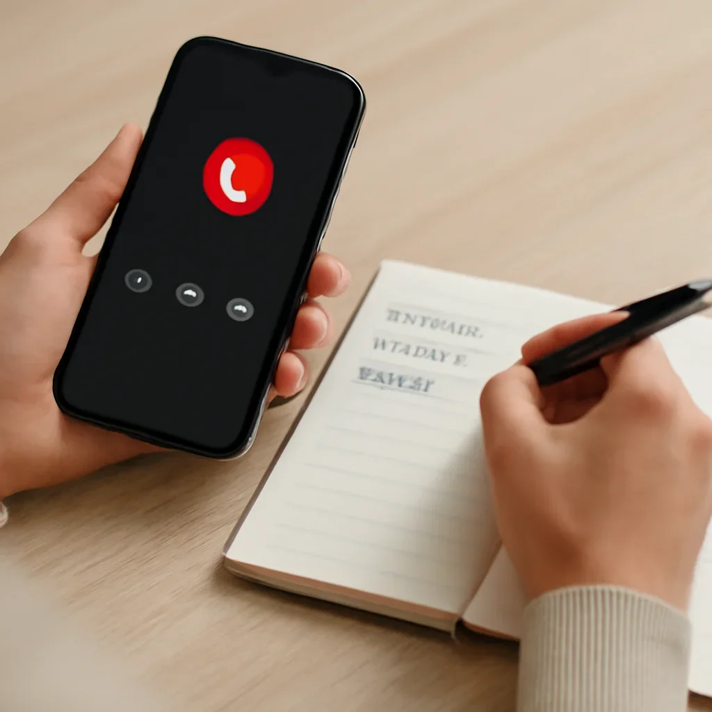 User holding a phone and noting location details during an emergency call