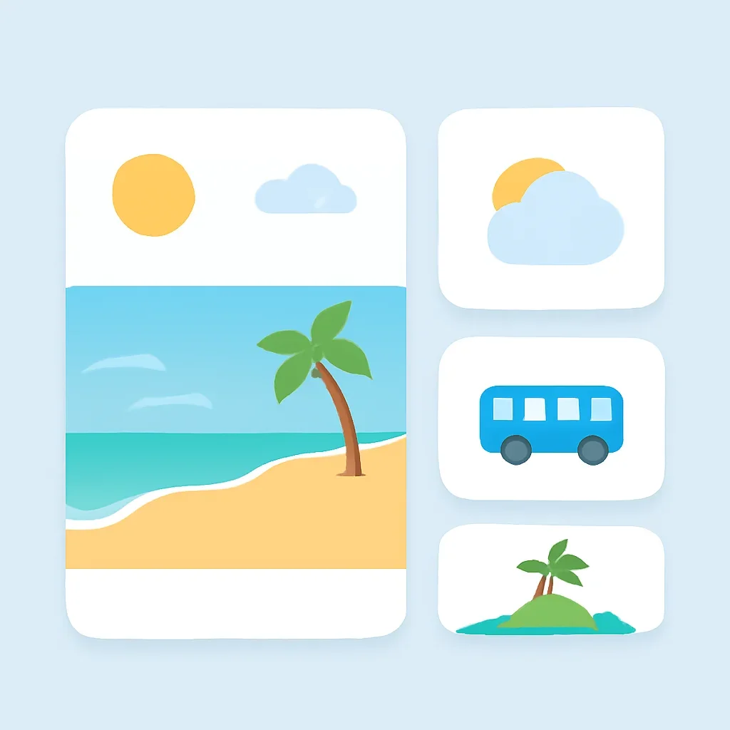 Minimal beach-travel interface linking weather, transport and island pages