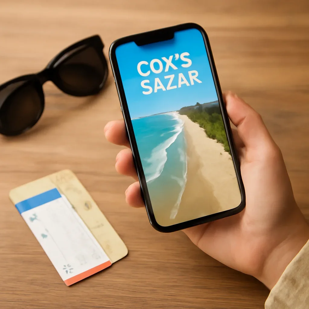 Traveller reviewing Cox’s Bazar plans on a phone beside sunglasses and tickets